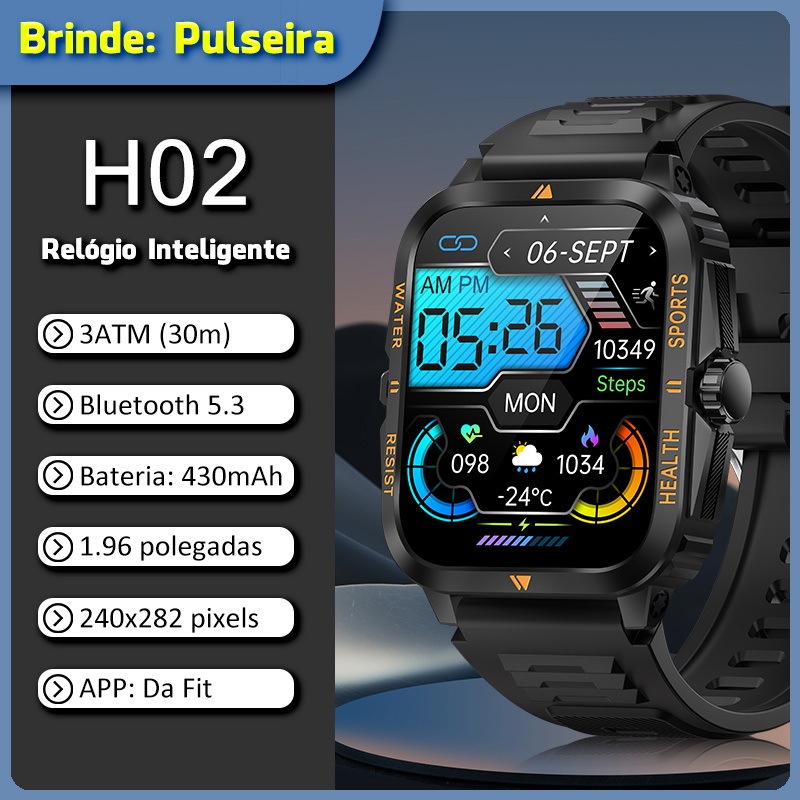 Relógio Inteligente H02 - Smartwatch Esportes 30 Dias Bateria, Bluetooth IP68 Oxímetro/Batimento  Tela HD Android/iOS