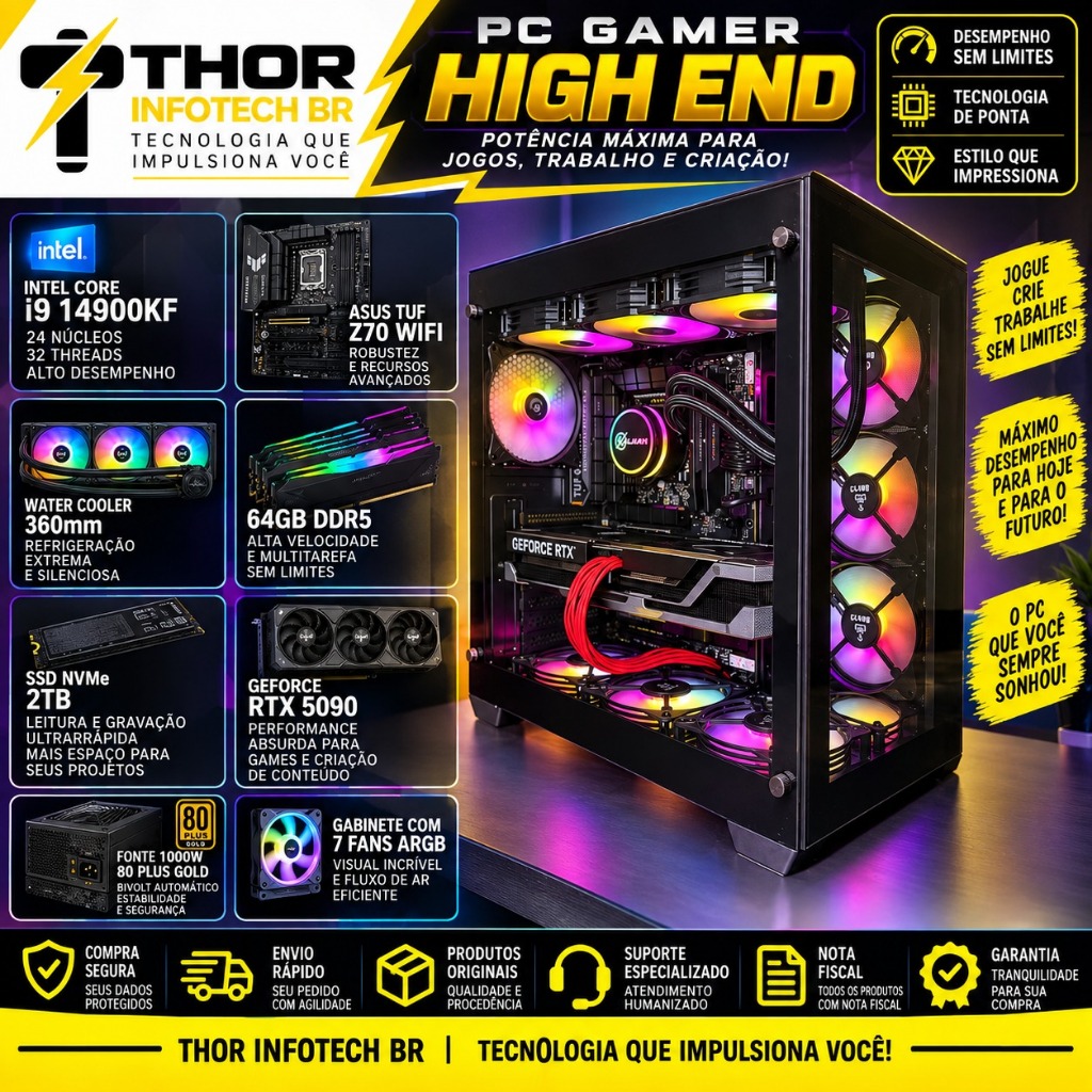 Pc Gamer Intel I9 14900kf Asus TUF Z790 64gb Ram Ddr5 Nvme 2tb Water Cooler 360MM - Placa de Video RTX 5090