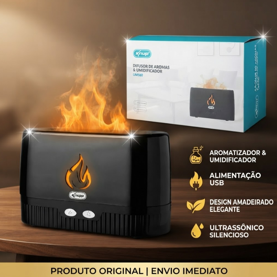 Umidificador Ultrassônico LED Efeito Chama USB Aromatizador