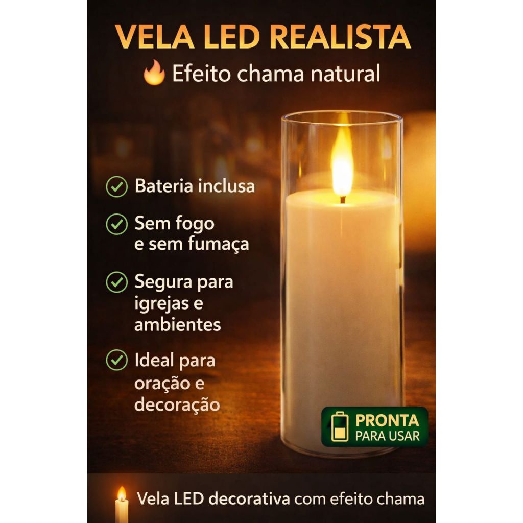 Vela LED 15 cm Luz Eletrônica Decorativa  Iluminação Chama Amarela Quente Aconchegante Segura Bateria Inclusa