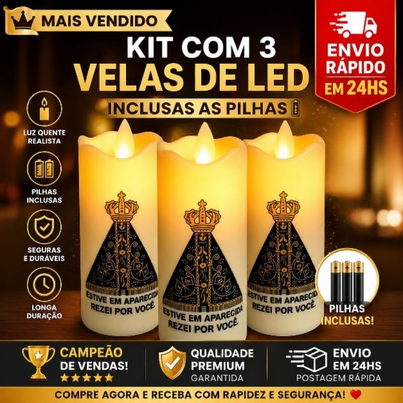 Kit Vela LED Nossa Senhora Aparecida 1, 2 ou 3 Unidades | Luz com efeito de chama realista - INCLUSO A PILHA