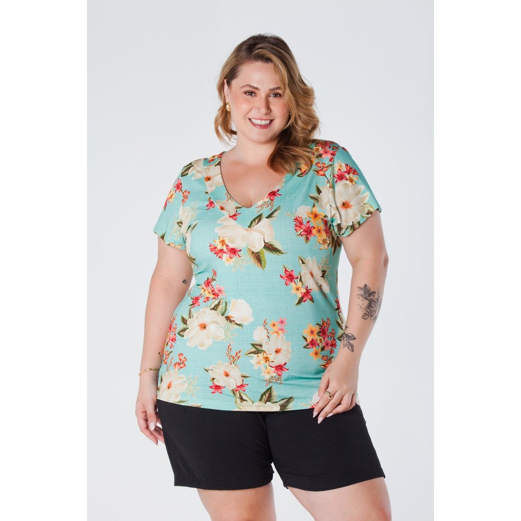 Blusa Plus Size Decote V com Manga -Estampa Digital Azul Rebeca