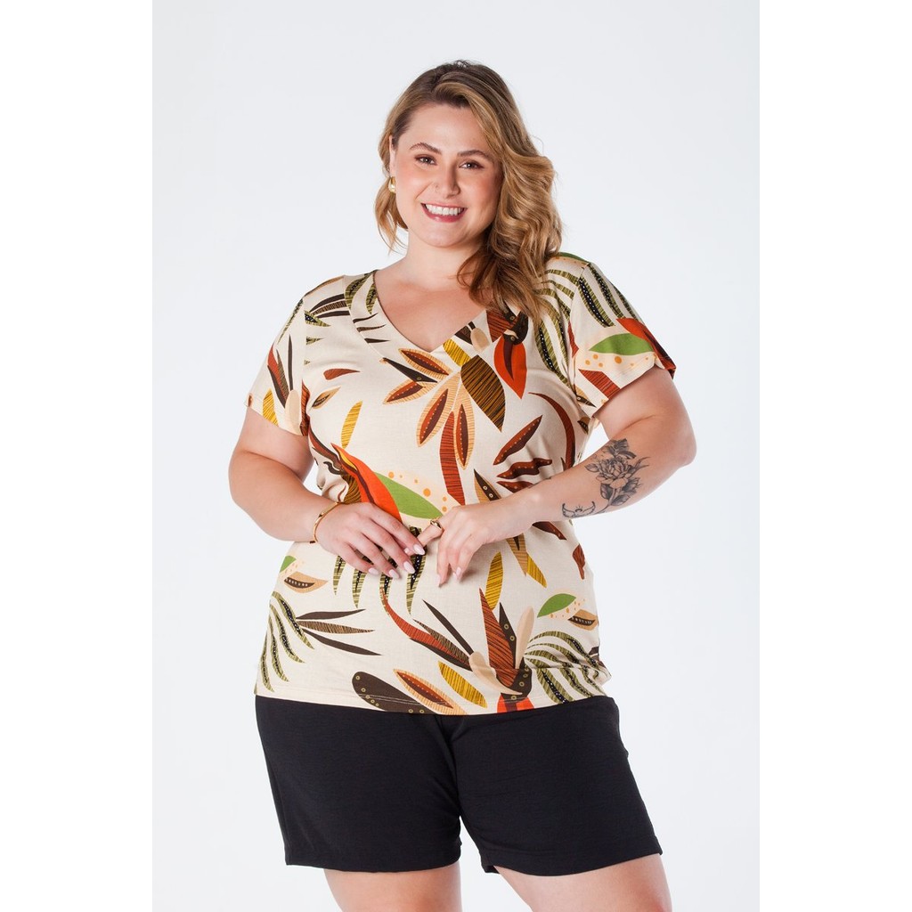 Blusa Plus Size Decote V com Manga -Estampa Digital Floral Rebeca