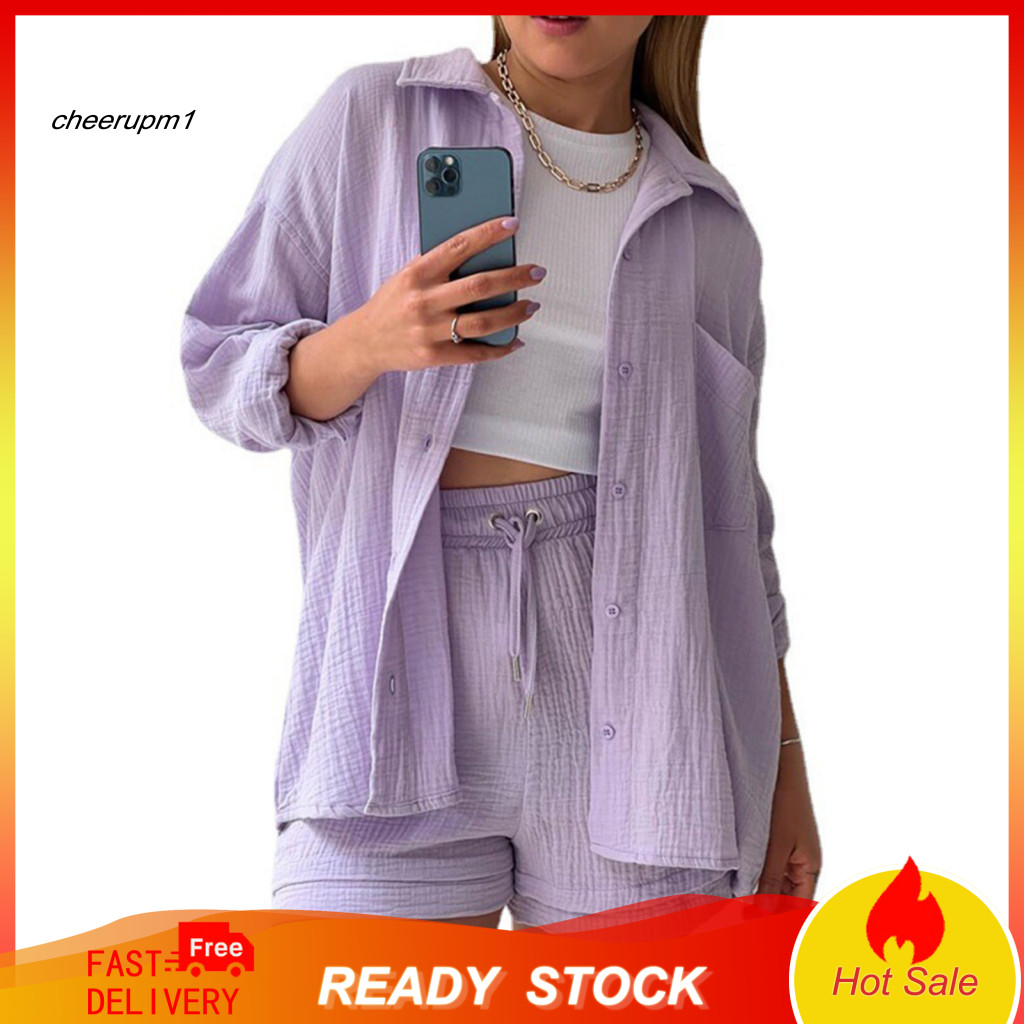 Women Two-piece Set Office Wear Women’s Summer 2-piece Cotton Lounge Sweatsuit – Long Sleeve Button-down Blouse Draw