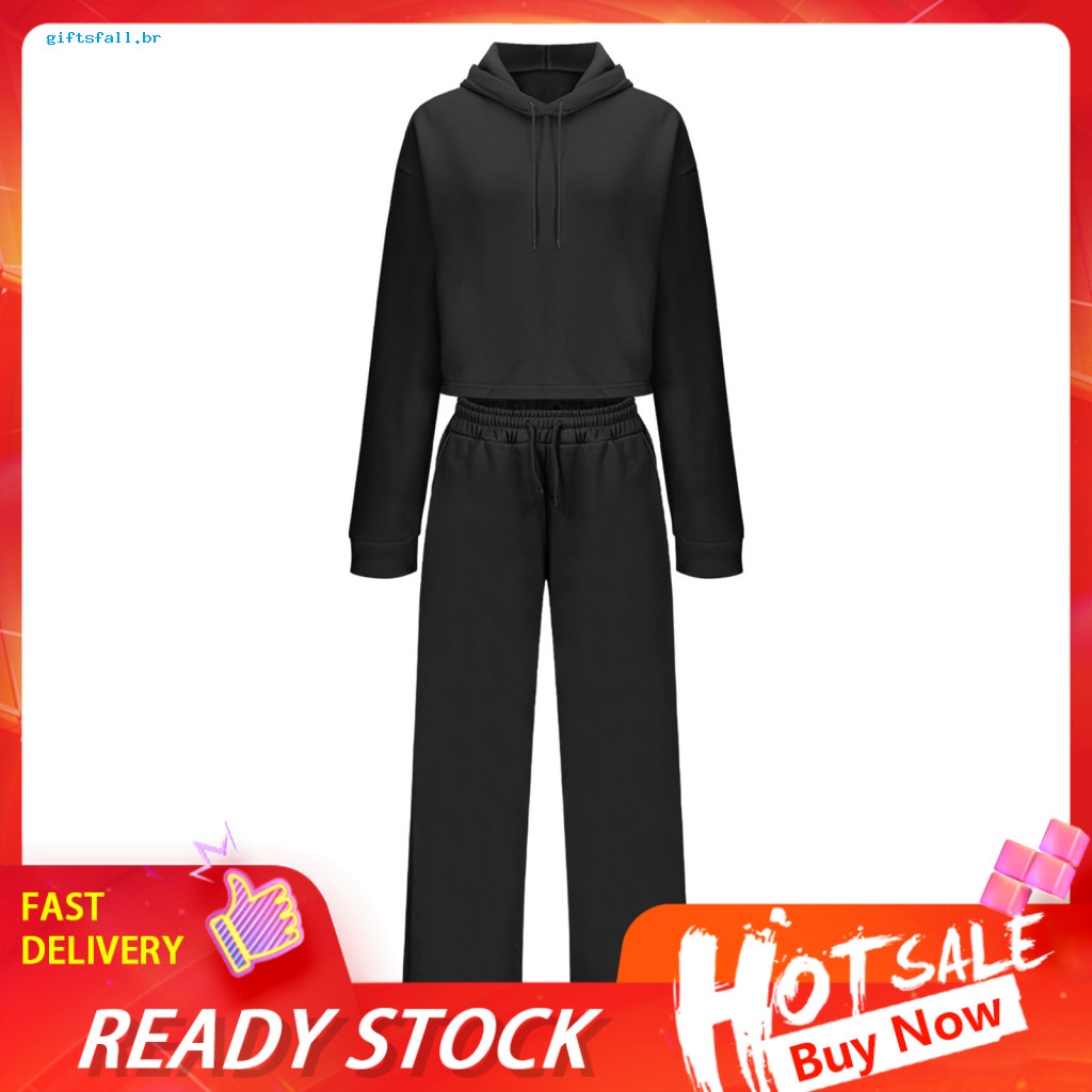 Autumn Women Two Piece Suit Polyester Outfit 2 Set Long Sleeve Crop Hoodie Sweatpants Pullover Sweatsuit with Pockets fo