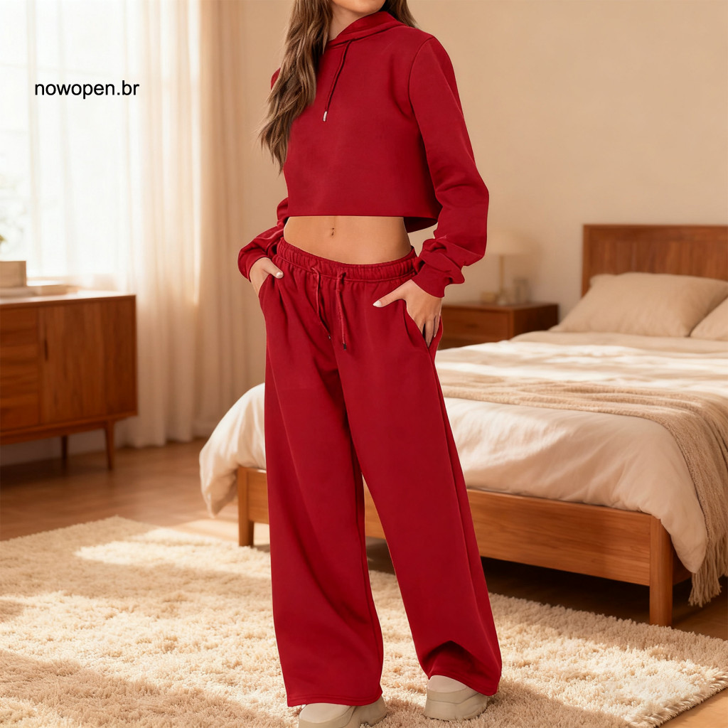 Breathable Women Two Piece Set Polyester Outfit 2 Long Sleeve Crop Hoodie Sweatpants Pullover Sweatsuit with Pockets for