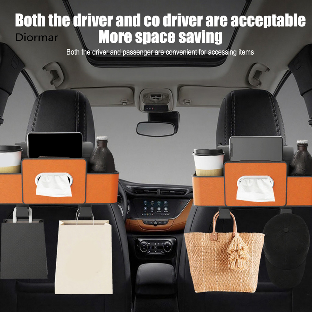 Storage Box with Compartments Multifunctional 3-in-1 Car Back Seat Organizer Tissue Dispenser Cup Holders Hooks – Faux
