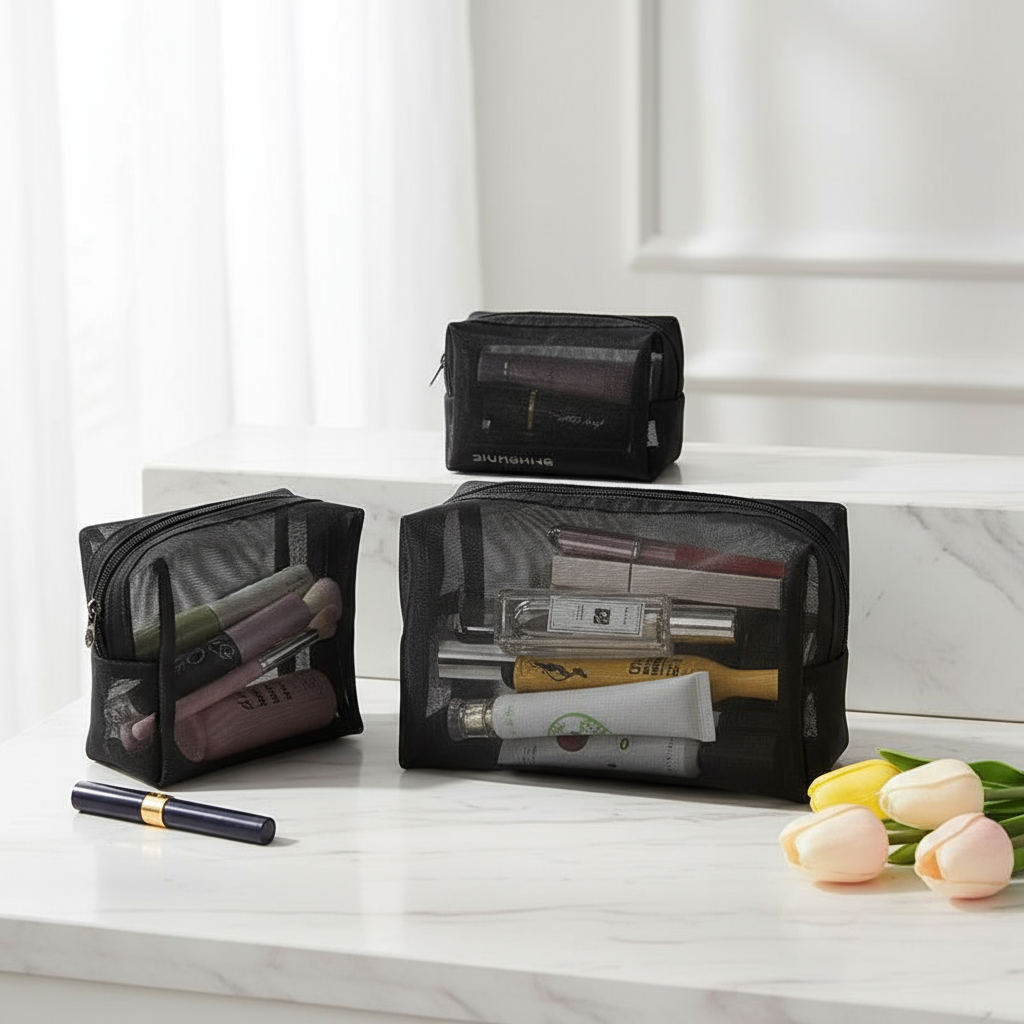 3-Seção Saco Transparente de Viagem com Zíper para Armazenamento de Cosméticos e Higiene Pessoal