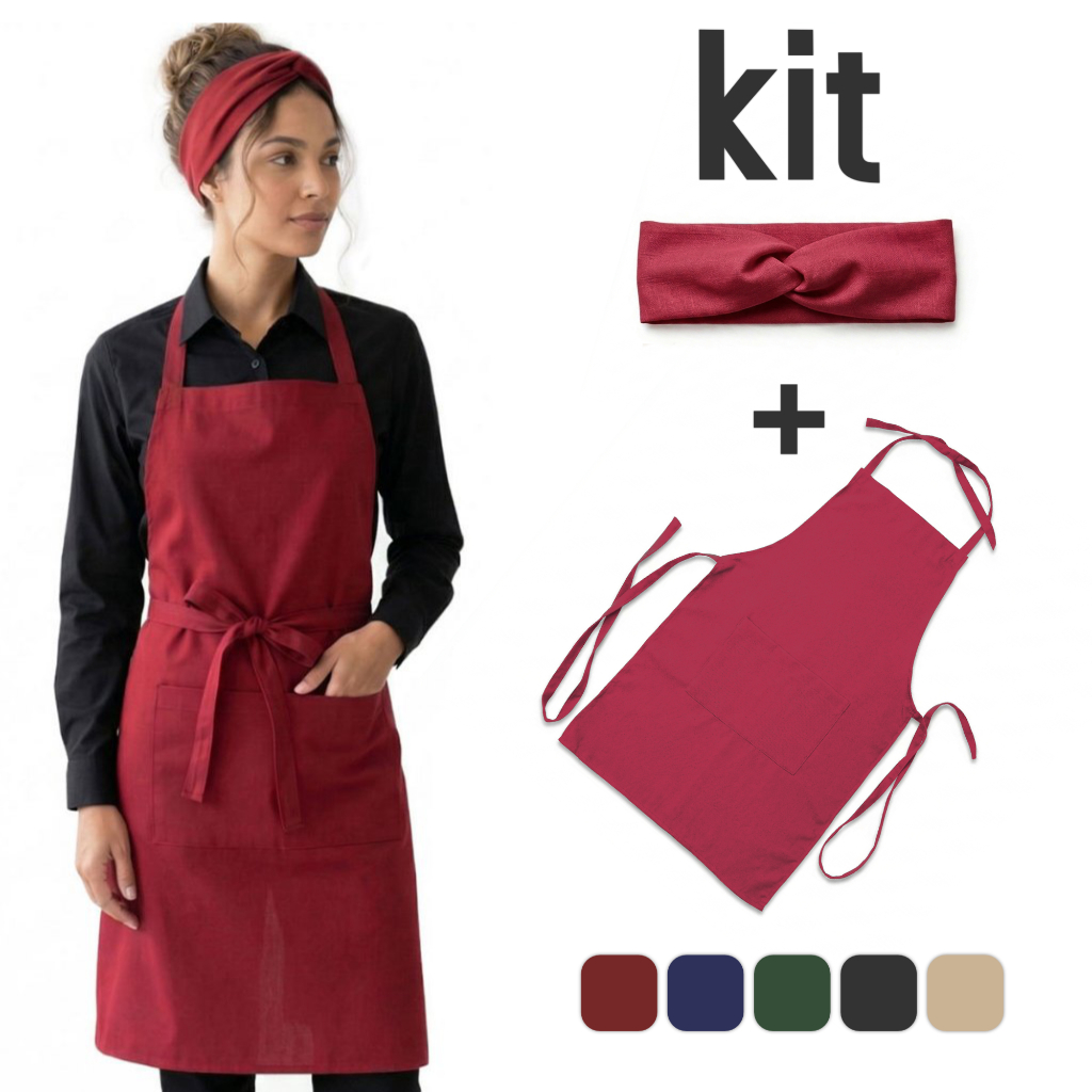 Avental de Amarrar + Turbante em Oxford Cozinha Restaurante Barista - Preto Bege Azul Verde Vermelho