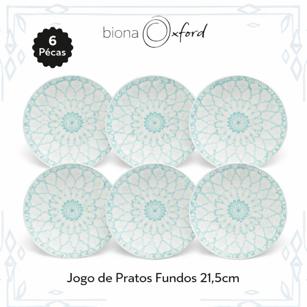 Jogo 6 Pratos Fundo 21,5cm Oxford Biona | Estampa Donna Mandala (Azul)