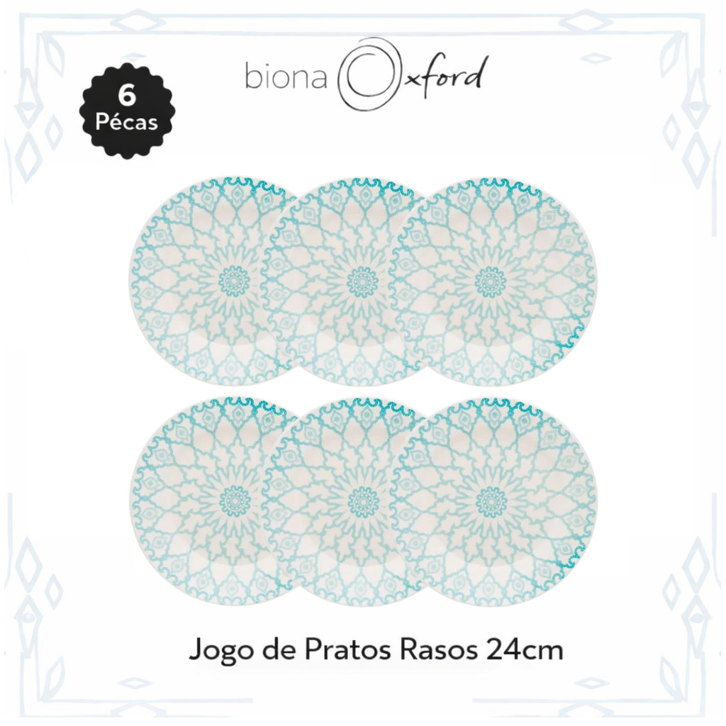 Jogo 6 Pratos Raso 24cm Oxford Biona | Estampa Donna Mandala (Azul)