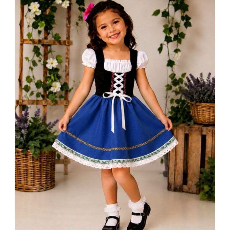 Vestido alemã Frida infantil em Oxford azul