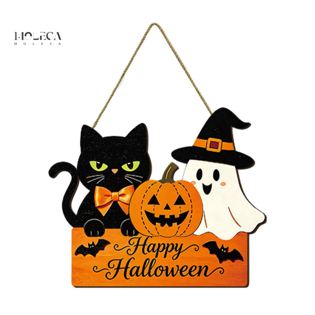 Hanging Wall Decor for Party Halloween Background Props Wooden Door Sign with Pumpkin Ghost Print Rustic Plaque Hemp Rop