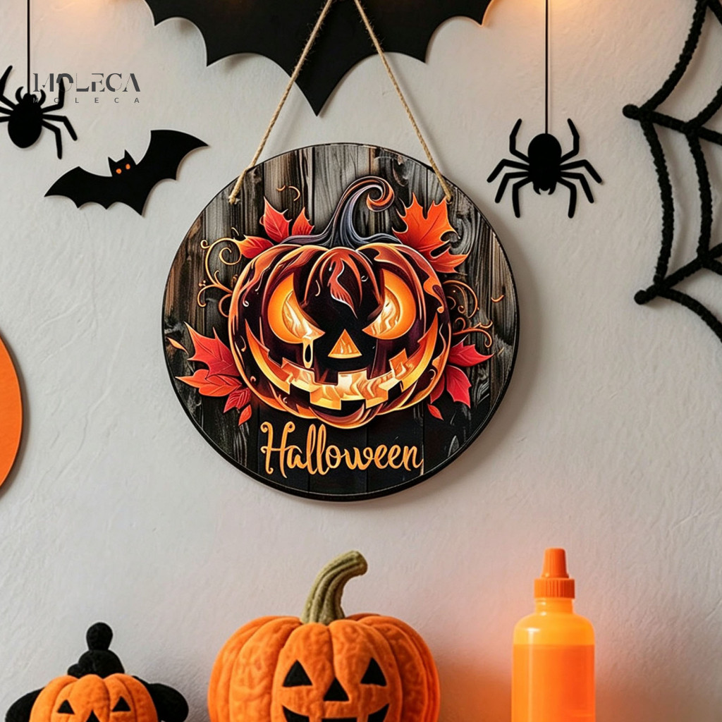 Halloween Hanging Wood Sign Outdoor Wooden Holiday Ornament Door Hanger Waterproof Flame Pumpkin Maple Leaf Round Plaque