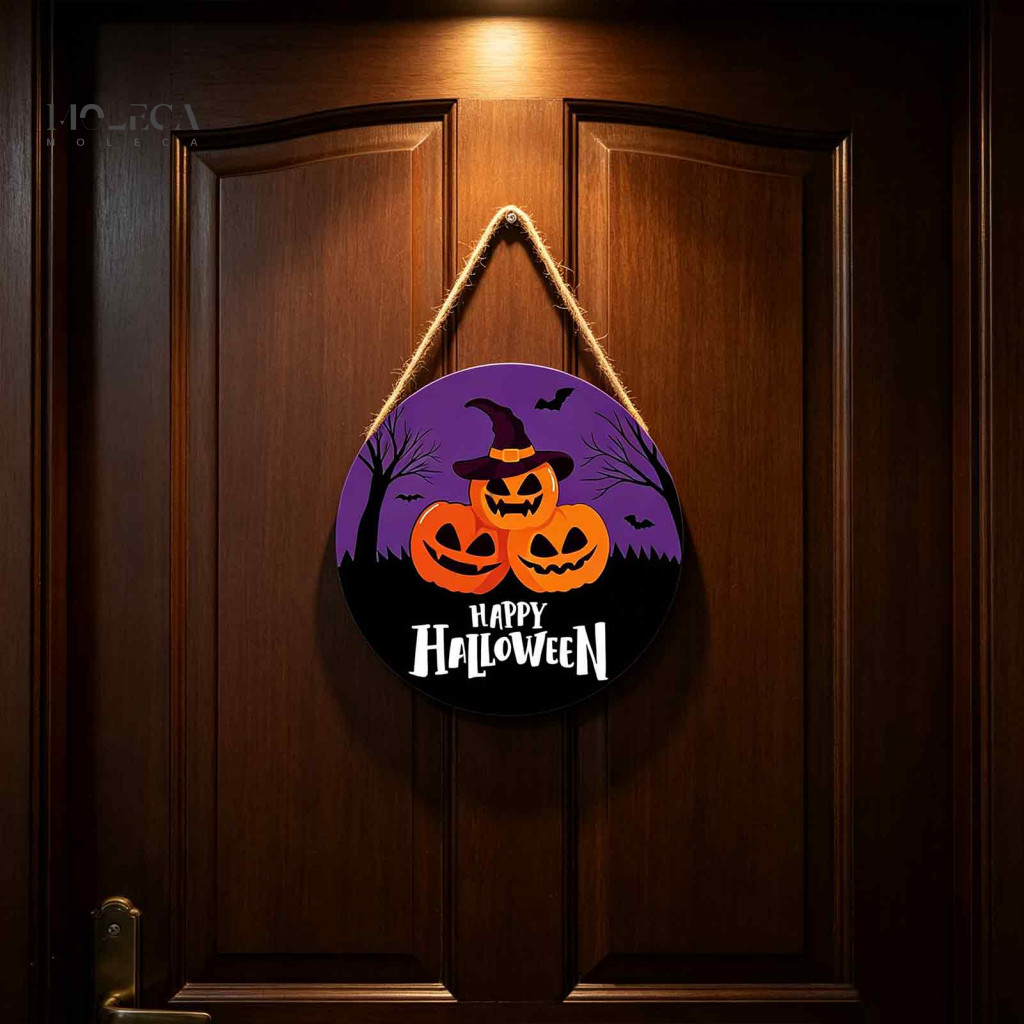 Kindergarten Holiday Scene Props Halloween Wooden Hanging Sign Wall Pendant with Pumpkin Witch Silhouette Round for Home