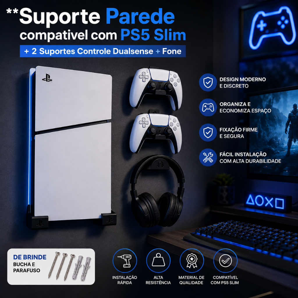 Suporte Parede compativel com PS5 Slim + 2 Suportes gancho Para Controle Dualsense e Fone De Ouvido