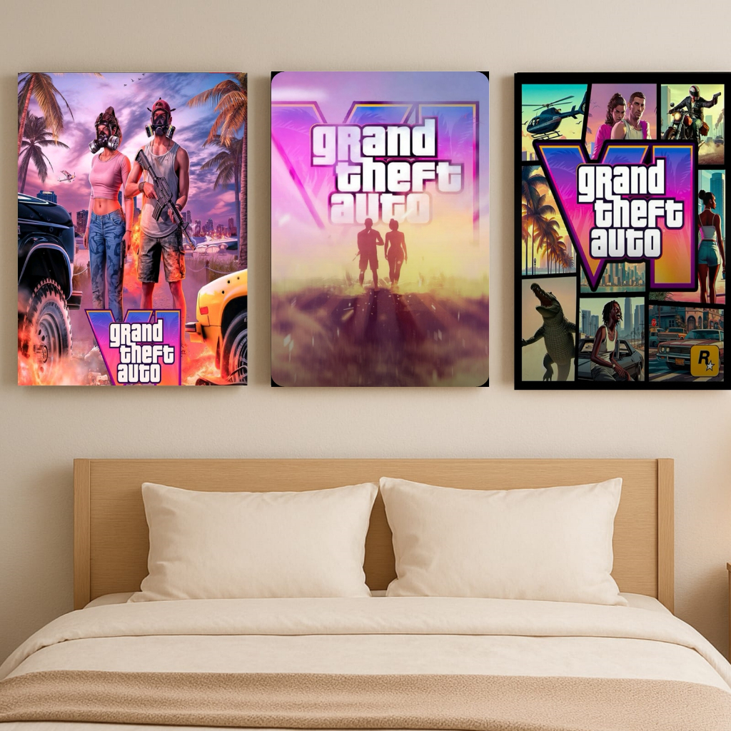 kit 3 Quadros GTA 6 MDF 20x28cm – Decoração Gamer Estilo Vice City