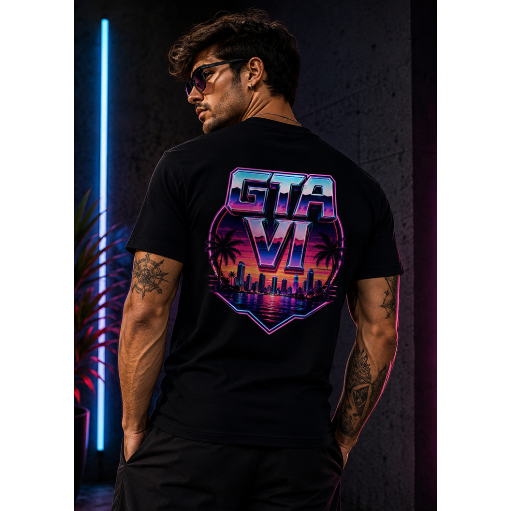 Camiseta GTA VI Vice City Neon Retrô Masculina | Estampa Premium Gamer Streetwear 100% Algodão