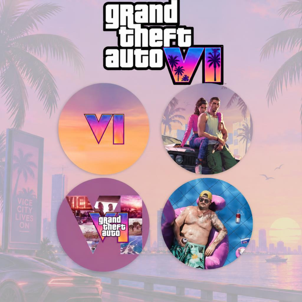 Kit 4 Bottons GTA 6 32mm | Grand Theft Auto VI Vice City | Pins Broches Gamer para Mochila e Bolsa