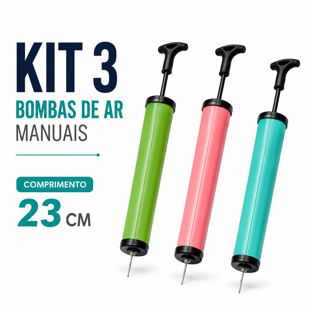 Bomba de Ar Manual Vertical 25cm Com 2 ou 3 Unidades ou Kit 5 Bicos Adaptadores Universal Para Infláveis