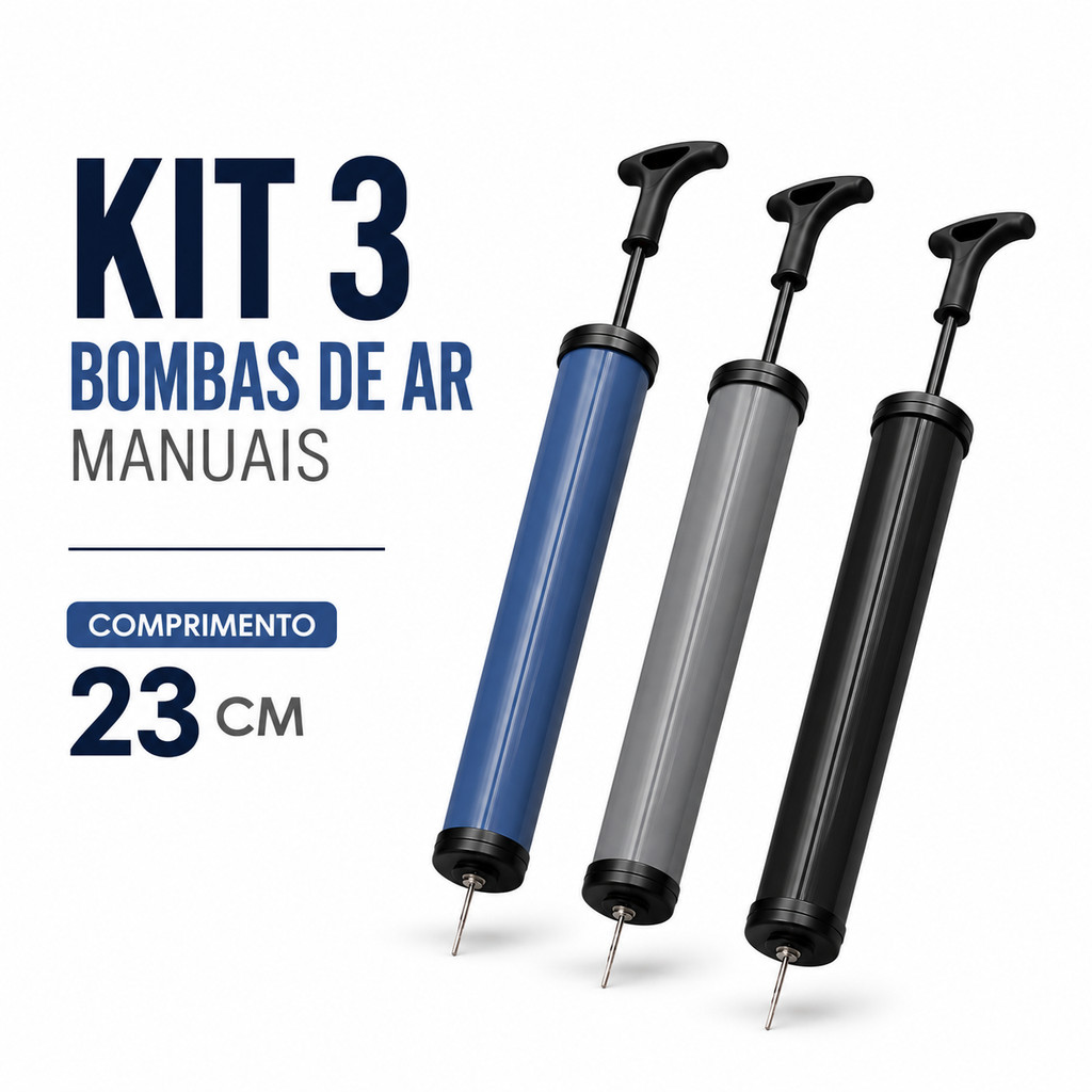 Bomba de Ar Manual Vertical 25cm Kit 2 / 3 Unidades ou Kit 5 Bicos Adaptadores Universal Para Infláveis