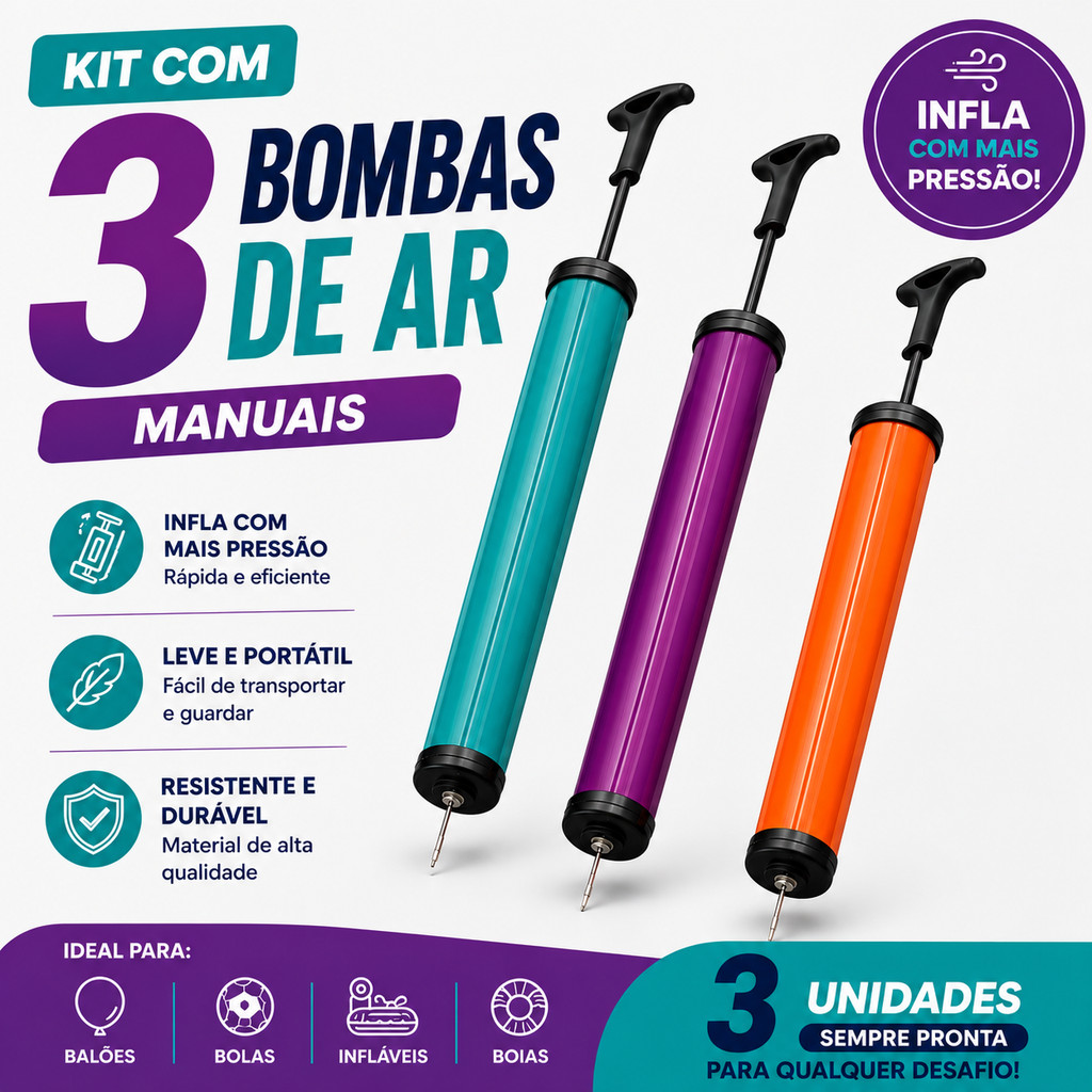 Bomba de Ar Manual 25cm Kit 2 ou 3 Unidades ou Kit 5 Bicos Adaptadores Universal Para Infláveis e Bicicletas