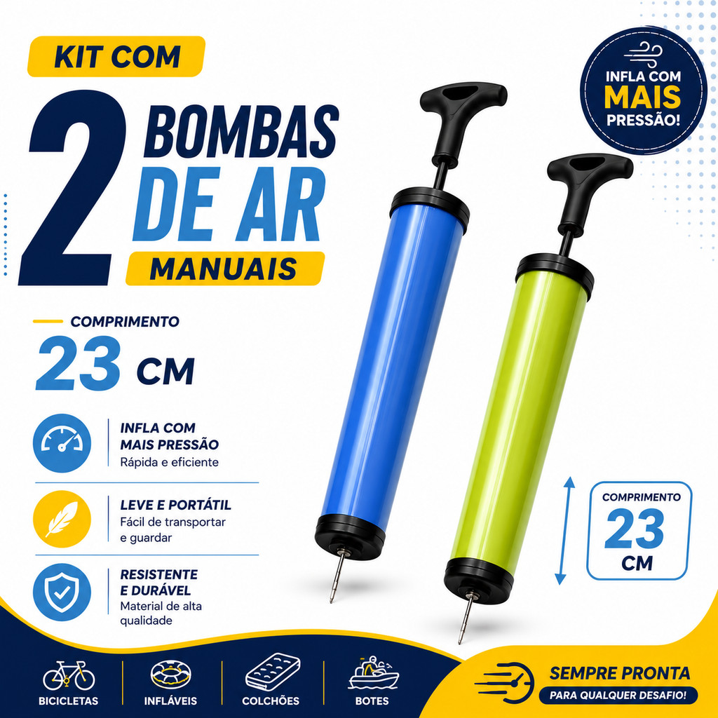 Bomba de Ar Manual Vertical 23cm Kit 1 ou 2 Unidades ou Kit 5 Bicos Adaptadores Universal Infláveis