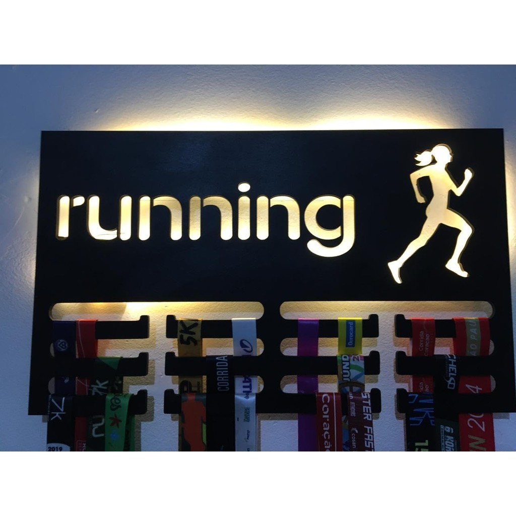 Porta Medalhas com Led Corrida  Running Maratona  Esportes MDF preto