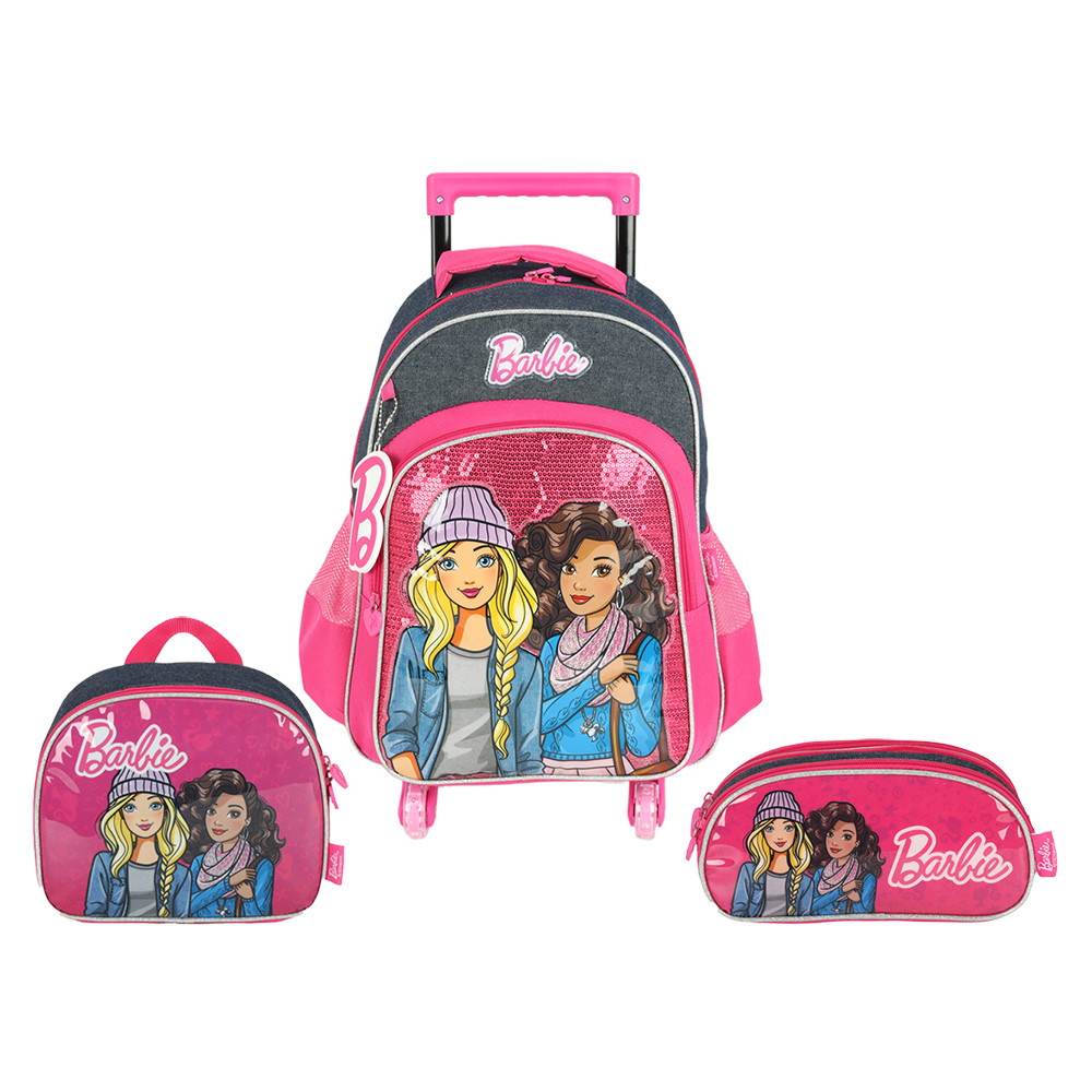 Kit Mochila De Rodinhas LED Lancheira Estojo Barbie Fashion