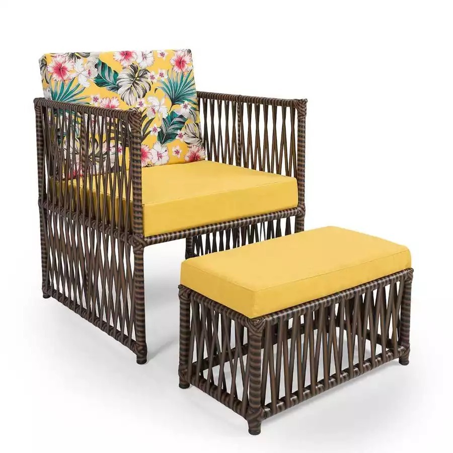 Kit Poltrona Jardim + Puff Apoio Para Pés Assento Extra Confortável Moderna Junco sintético Interno