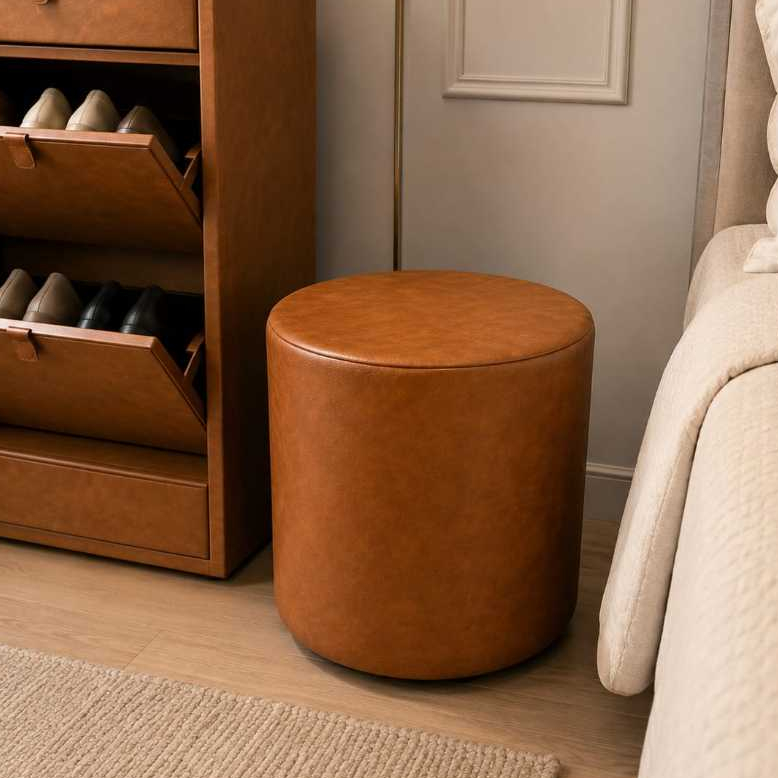 Puff Redondo Multiuso Marrom - Couro Sintético Resistente 45cm Altura - Assento Extra ou Apoio Para os Pés