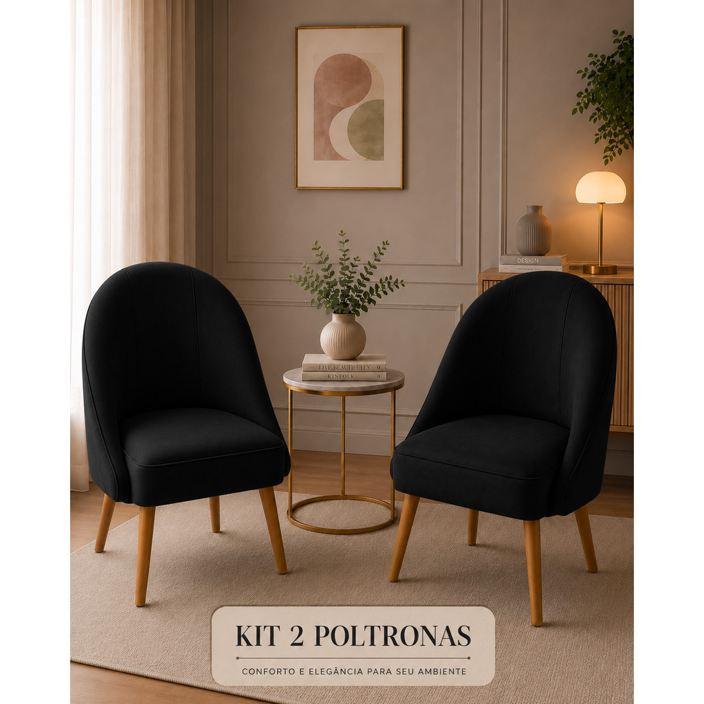kit 2 Cadeira Lua Decorativa Poltrona Lua Sala de Estar Salão Quarto Estética Decoração Recepção-Extra Preta