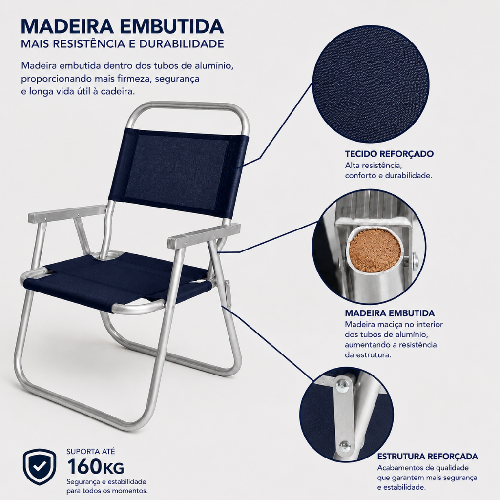 CADEIRA DE PRAIA ALTA ULTRA RESISTENTE PLUS SIZE ATÉ 160KG REFORÇADA DURÁVEL EXTRA GRANDE