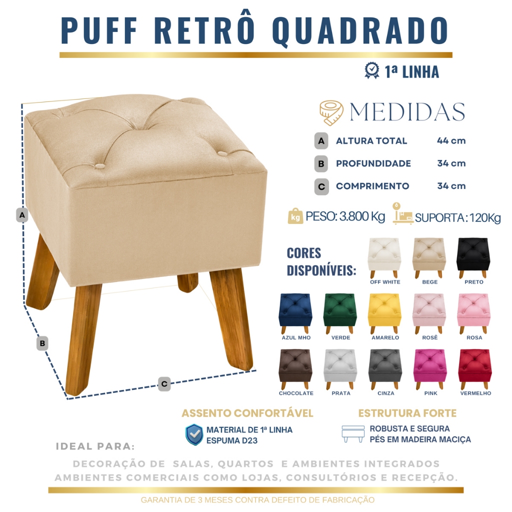Puff Quadrado PE DE MADEIRA decorativo tecido veludo extra macio