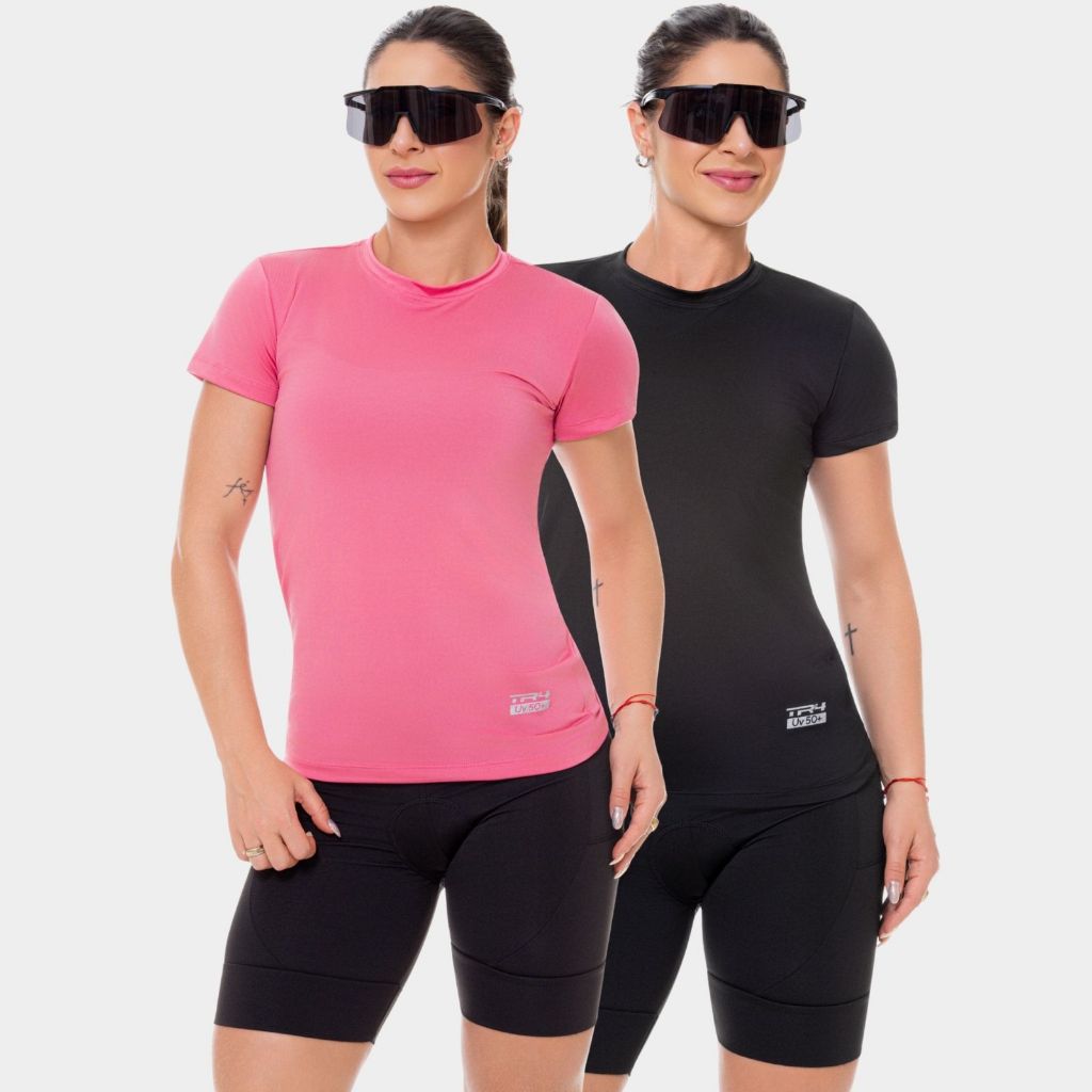 Kit 2 Camisa Camiseta Blusa Dry Fit Feminina Manga Curta Academia Treino Esportiva Corrida Proteção Uv Solar Preto Rosa