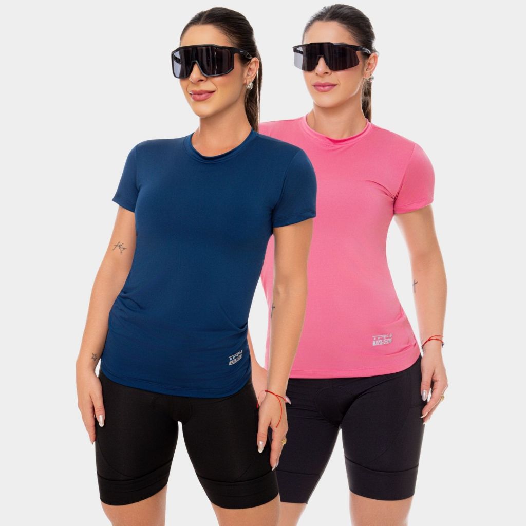 Kit 2 Camisa Camiseta Dry Fit Feminina Manga Curta Academia Treino Esportiva Corrida Proteção Uv Azul Marinho Rosa