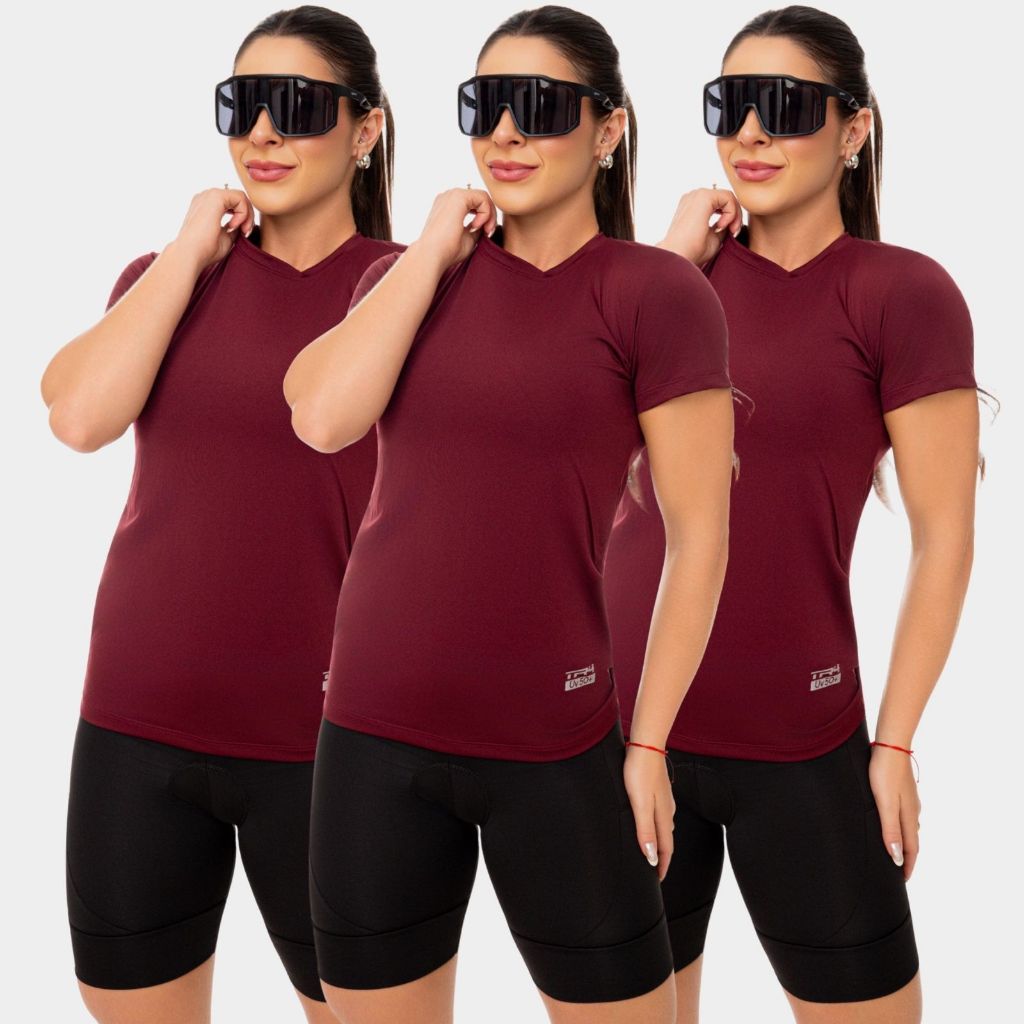 Combo 3 Camisa Camiseta Dry Fit Feminina Manga Curta Academia Treino Exercício Esporte Esportiva Corrida Uv Vinho