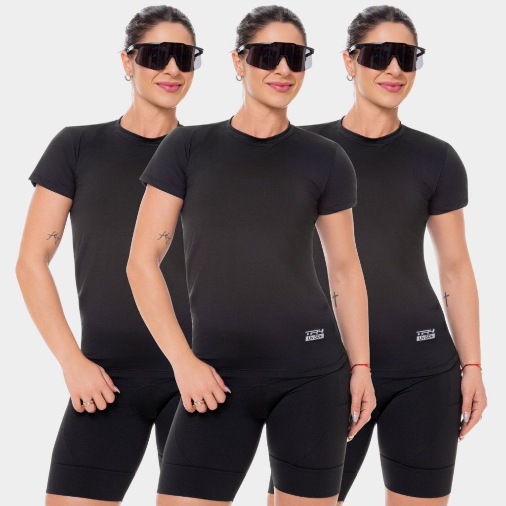 Kit 3 Camiseta Blusa Dry Fit Feminina Manga Curta Academia Treino Esportiva Corrida Proteção Anti Uv Solar Preto