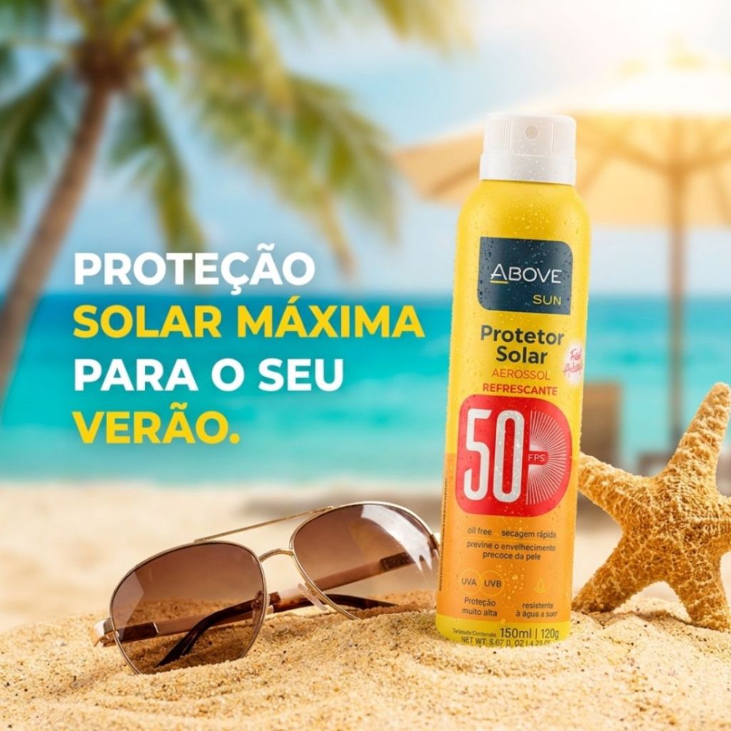 Protetor Solar Above Sun FPS50 Aerosol Refrescante Resistente A Agua E Suor Secagem Rapida 150 ml