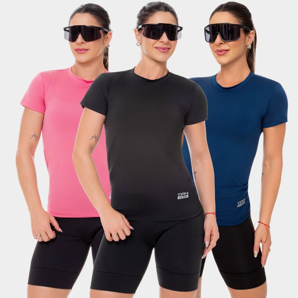 Combo 3 Camisa Camiseta Dry Fit Feminina Manga Curta Academia Treino Esporte Corrida Uv Rosa Azul Marinho Preto