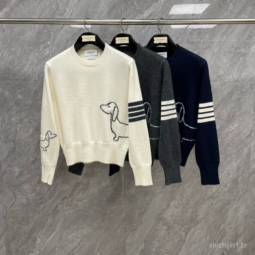 N4AD New Fall/Winter College Style Women's Knit Sweater with Side Dog Jacquard and Four Stripes, Round Neck, Long Sleeve