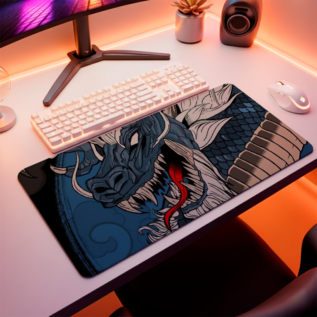 MousePad Speed Gamer Liso Com Base Antiderrapante E Bordas Costuradas Com Estampa De Dragão Azul E Varios Tamanhos