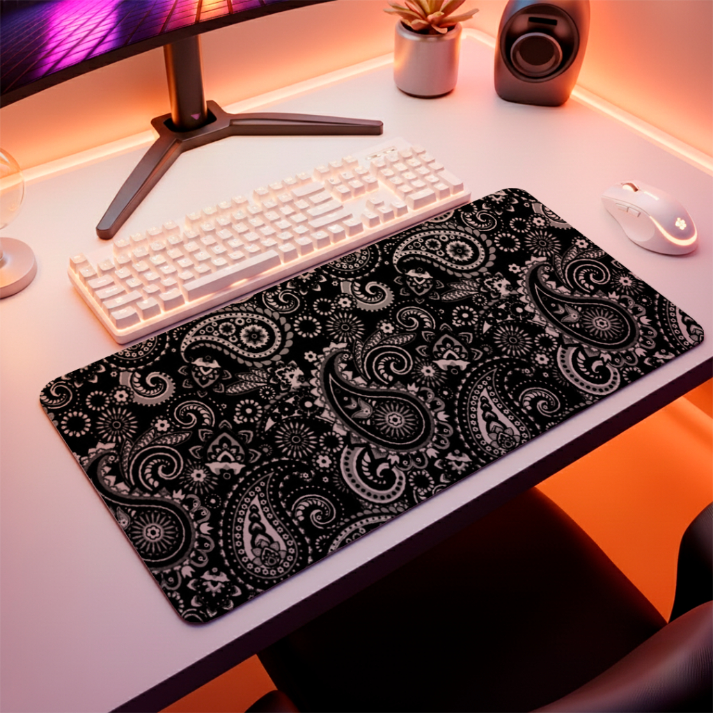 MousePad Gamer Speed Liso Macio Com Base Antiderrapante E Bordas Costuradas Com Estampa Paisley Black And White Estilosa