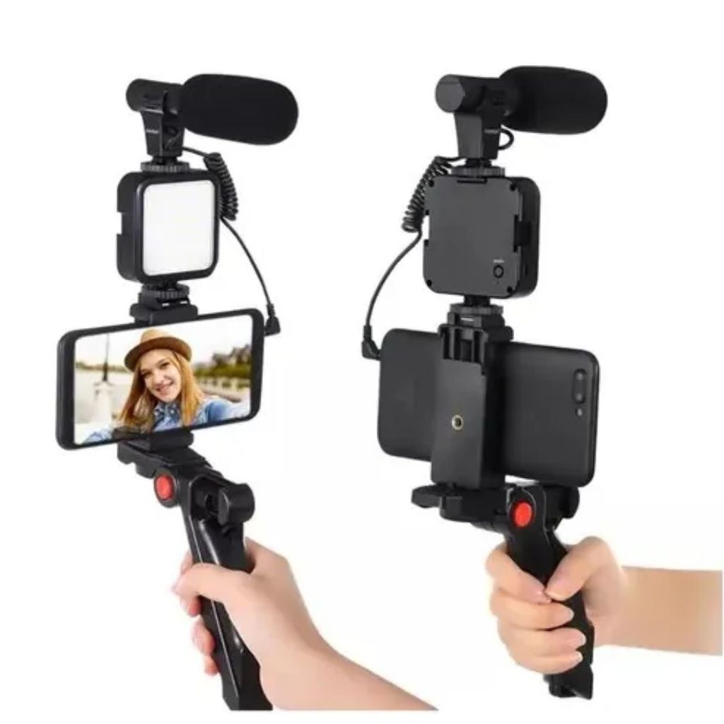 Estabilizador de Celular com Luz LED e Microfone - Tripé 120° para Filmagens e Videochamadas
