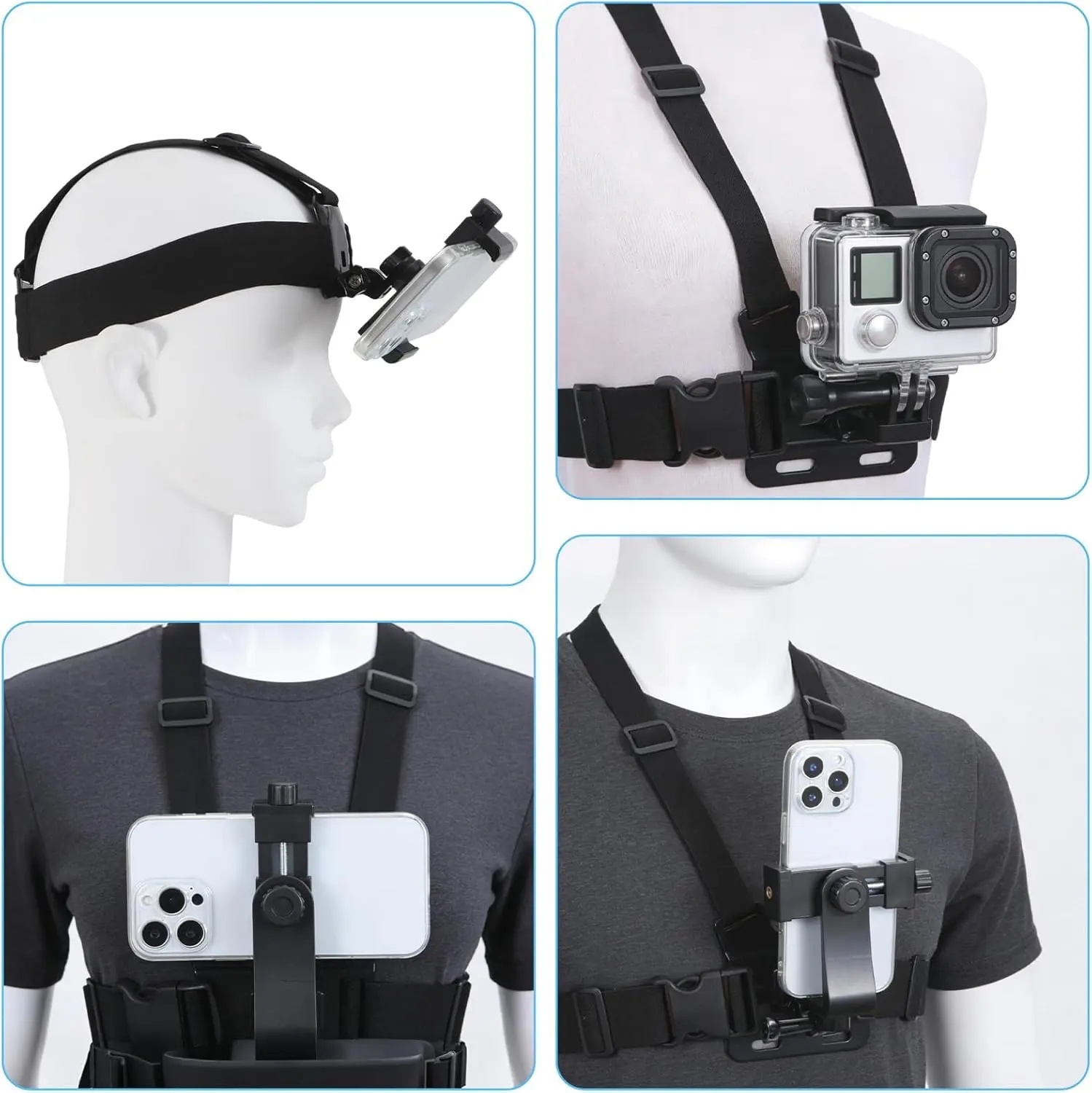Suporte de Cabeça e Peito para Celular para Filmagem Mãos-Livres, Ajustável e Perfeito para Aventuras ao Ar Livre |