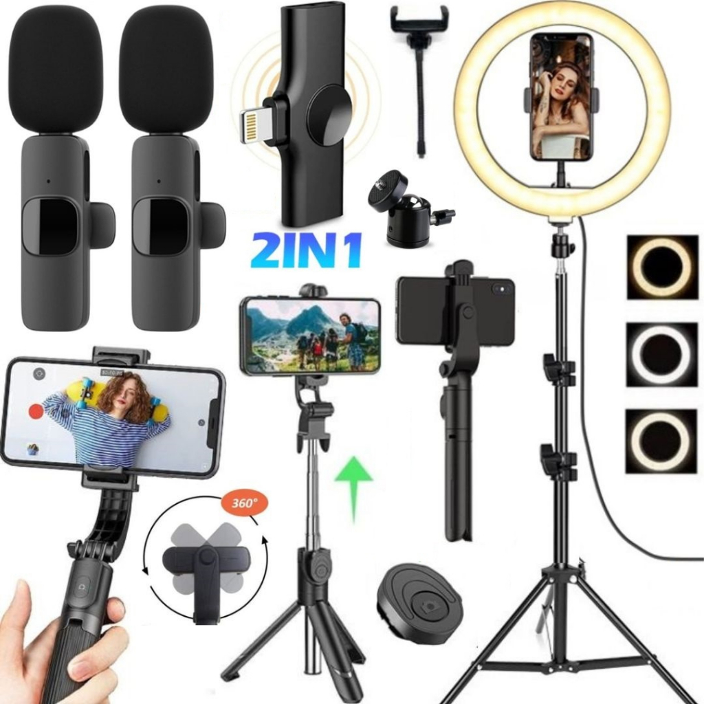 Kit Microfone Duplo Sem Fio Ring Light Luz Led Tripé 2m Bastão Suporte Filmagem No iPhone