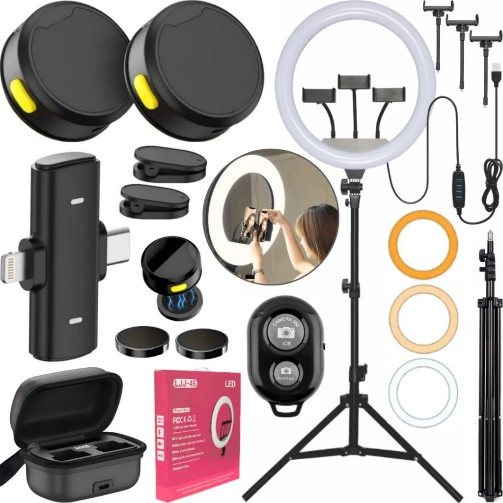 Kit Filmagem Ring Light Grande 30w Tripé Microfone Duplo Sem Fio Profissional Tipo-C e Iphone