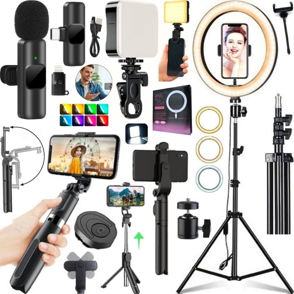 Kit Filmagem Ring Light Luz Led Tripé Microfone Sem Fio Bastão Para Celular