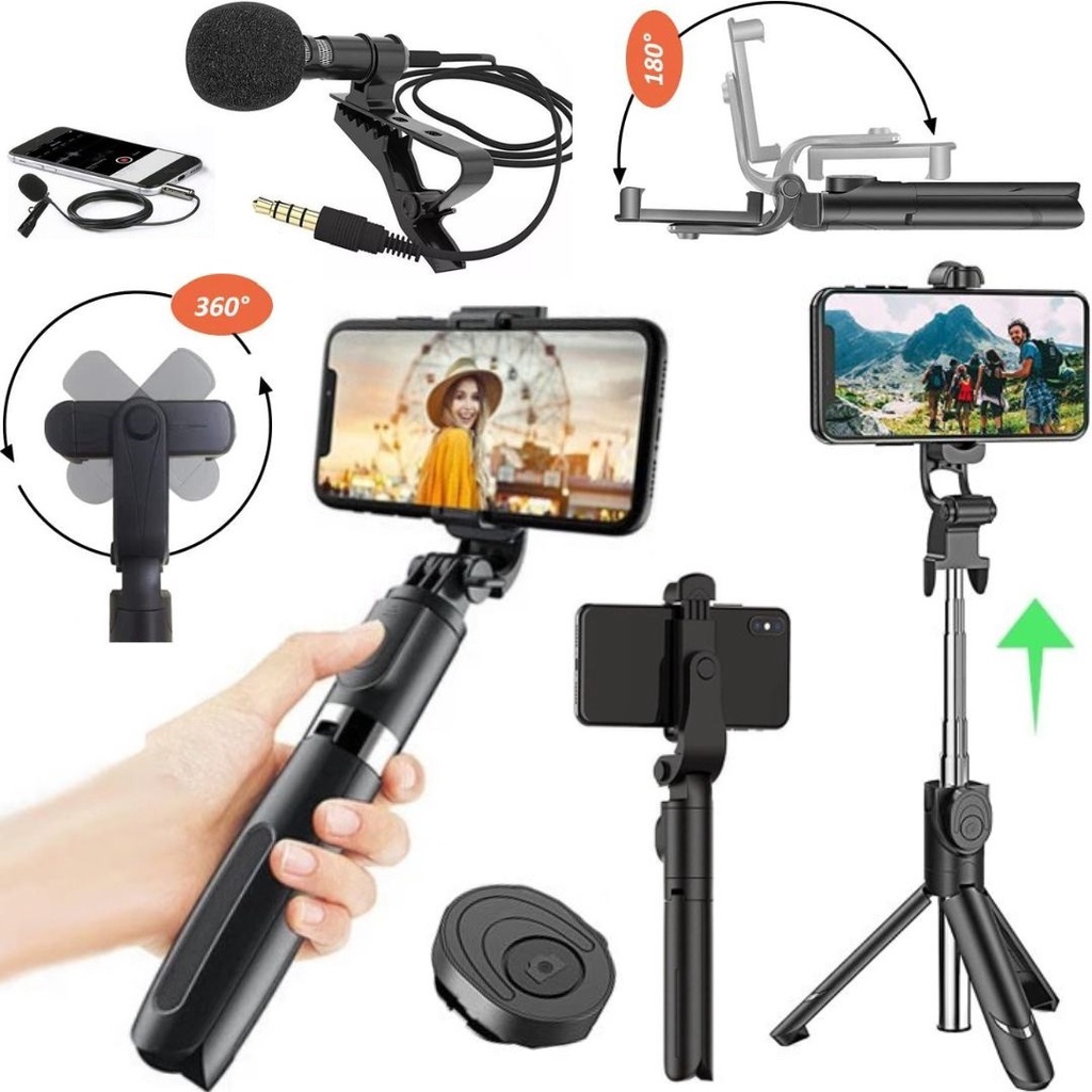 Bastão Estabilizador e Tripé 3 em 1 Suporte Celular Filmagem Microfone Lapela Gravação Vídeo