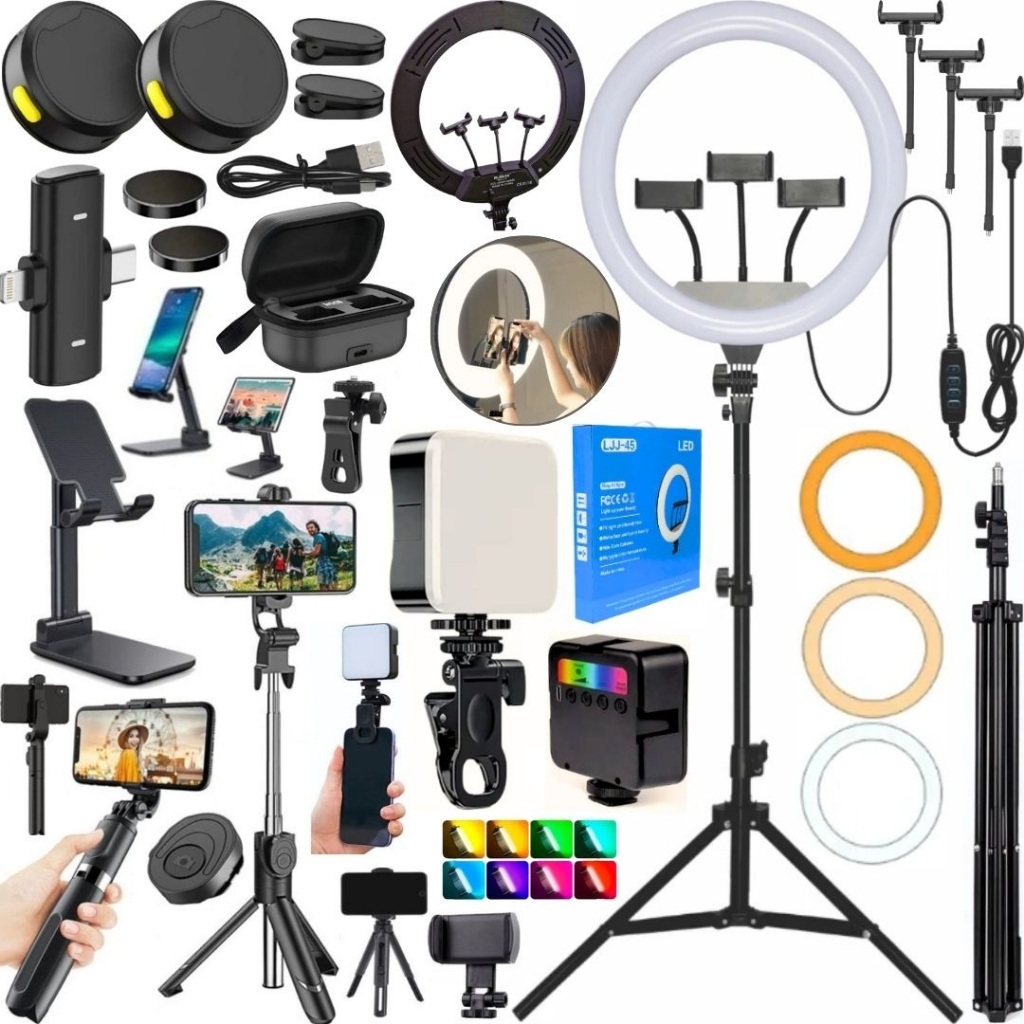 Kit Tripé Luz Led Ring Light 36cm Microfone Duplo Sem Fio Bastão Filmagem No Celular